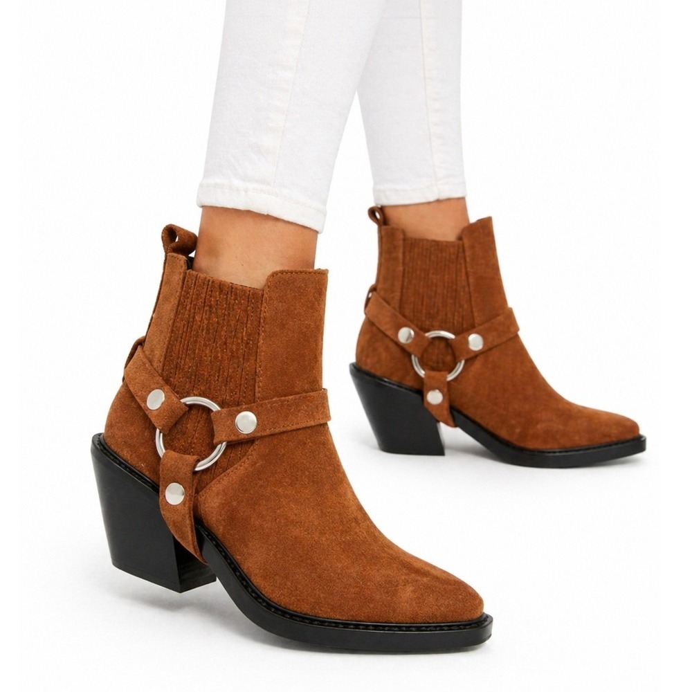 Rebecca Minkoff Brown Suede Harness Ankle Boots Western‎ Block Heel Size 7